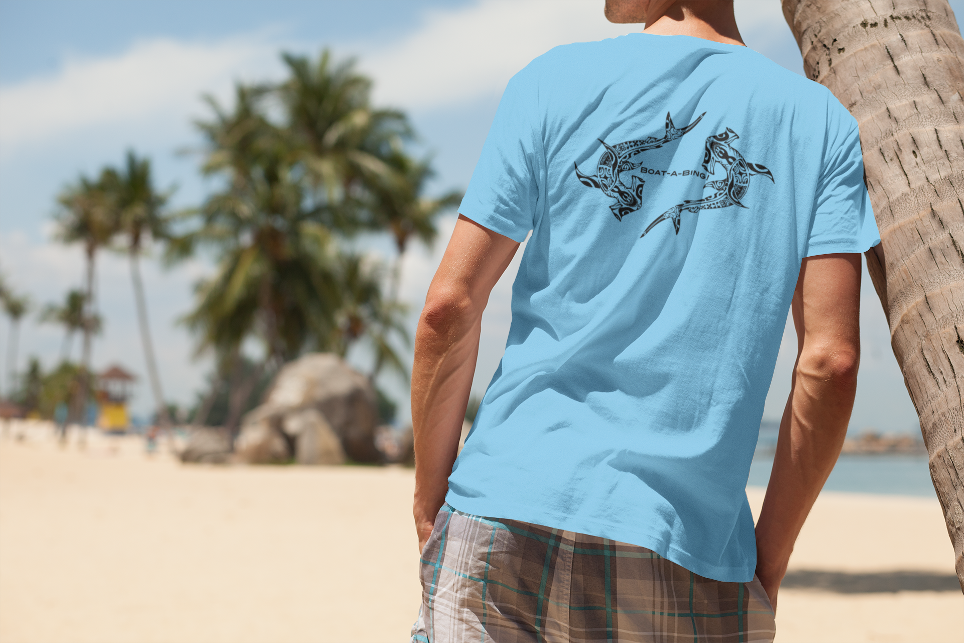 Boat-A-Bing Hammerheads hammerhead sharks garment-dyed cotton boating tee, original hand-drawn back print